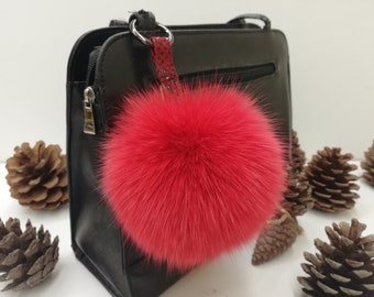 Real fox fur bag charm pom pom red color ,fox fur ball ,pom pom keyring ,real fur bag accessory, Gift for women's and girls l