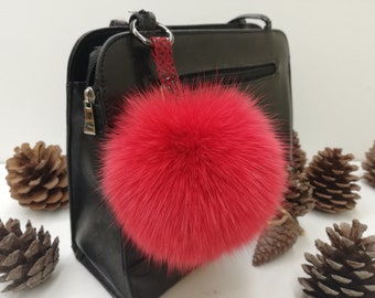 Vera pelliccia di volpe fascino borsa pom pom colore rosso , palla di pelliccia di volpe , portachiavi pom pom , accessorio borsa vera pelliccia, regalo per donne e ragazze l