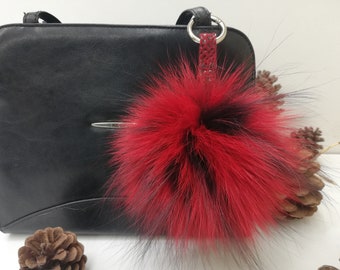 Vera pelliccia di volpe fascino borsa pompon rosso e colore lilla scuro, palla di pelliccia di volpe, portachiavi pom pom, accessorio borsa di pelliccia reale, regalo per donne e ragazze