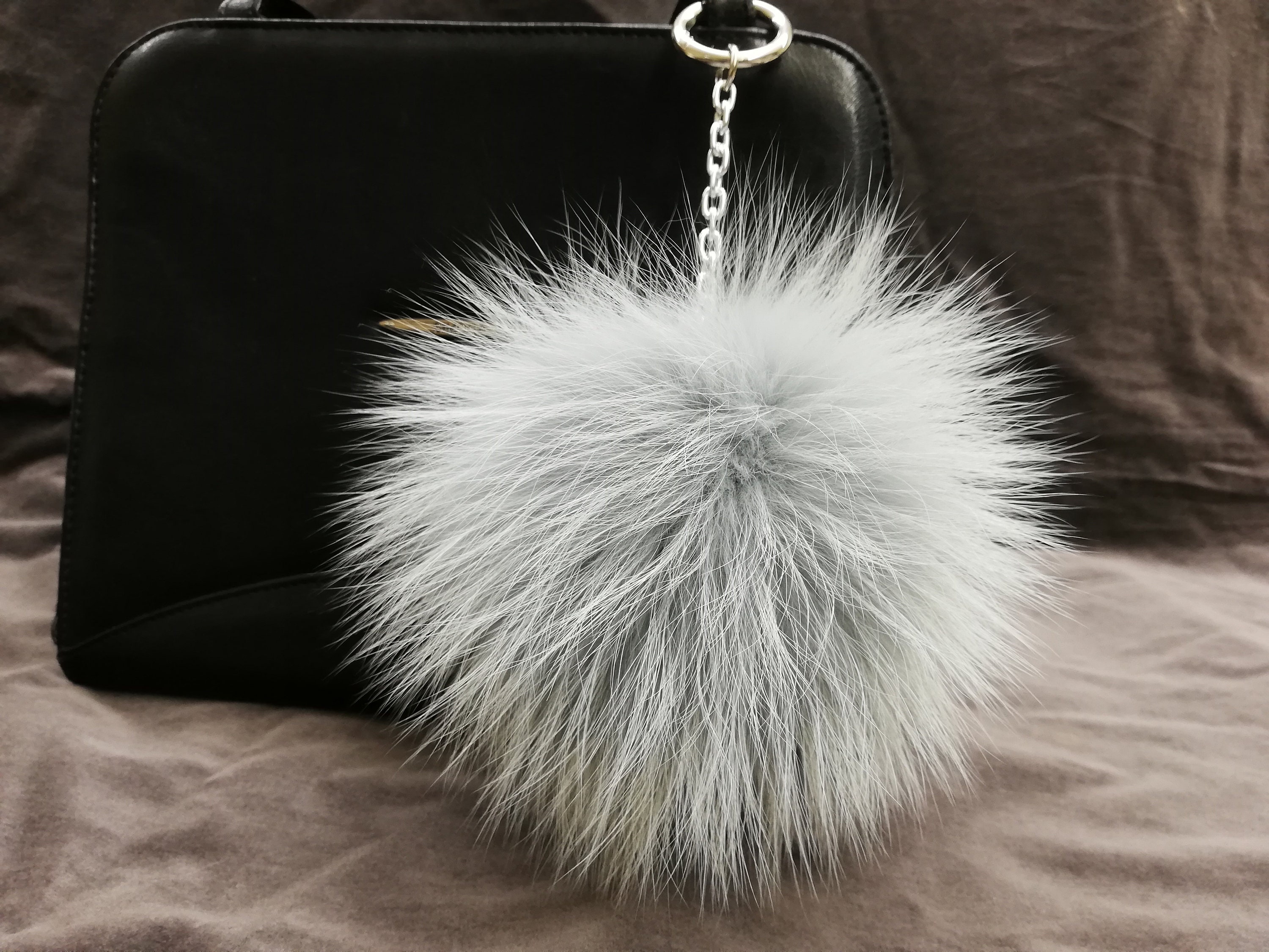 Silver fox fur bag charm grey-blue color, fur ball , real fox pom, bag  charm pom pom,pom pom keychain, real fur bag accessory, gift for her