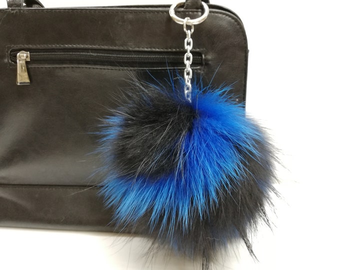 Fox and finnraccoon fur bag charm pompom blue black color ,fur ball keychain , fur pom pom keyring ,leather bags accessory, Gift for her