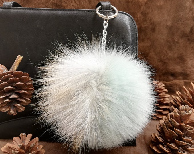 Fox fur bag charm beige-green pompom color,real fur pom pom, bag charm pom pom,pom pom keychain,real fur bag accessory, Gift for her