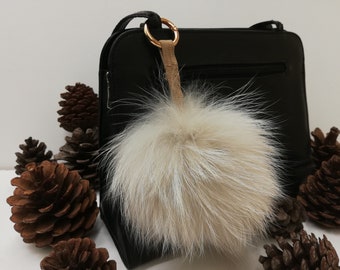 Real finnraccoon fur bag charm pompom beige color ,finnraccoon fur ball ,pom pom keyring ,real fur bag accessory, Gift for women's and girls