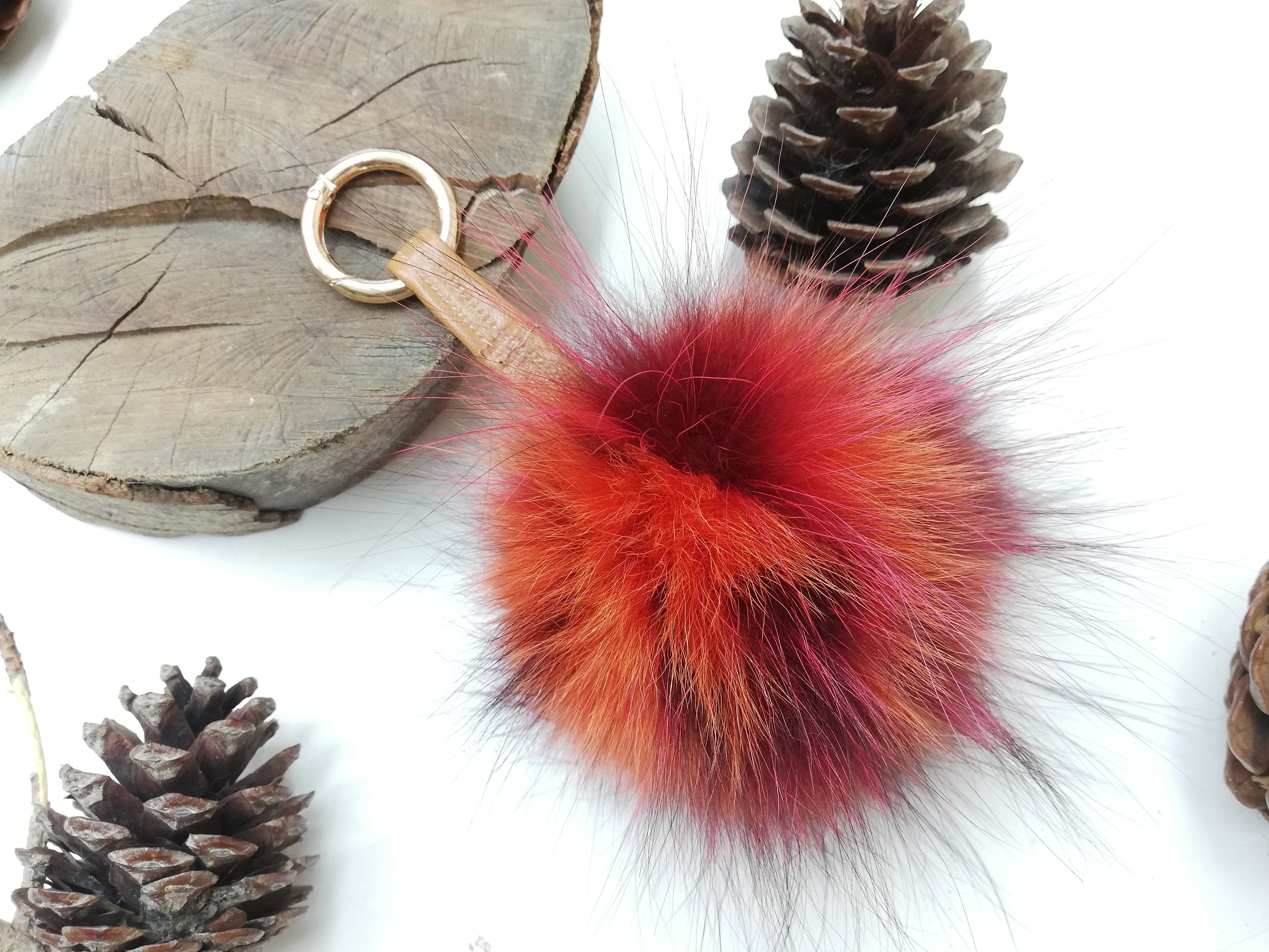 Real Fox Fur Beige Red Color Bag Charm Pom Pom fur 