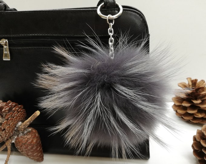 Finnraccoon bag charm pompom grey color ,real fur pompom keyring ,fur pompom keychain ,fur bag accessory, Gift for women's and girls