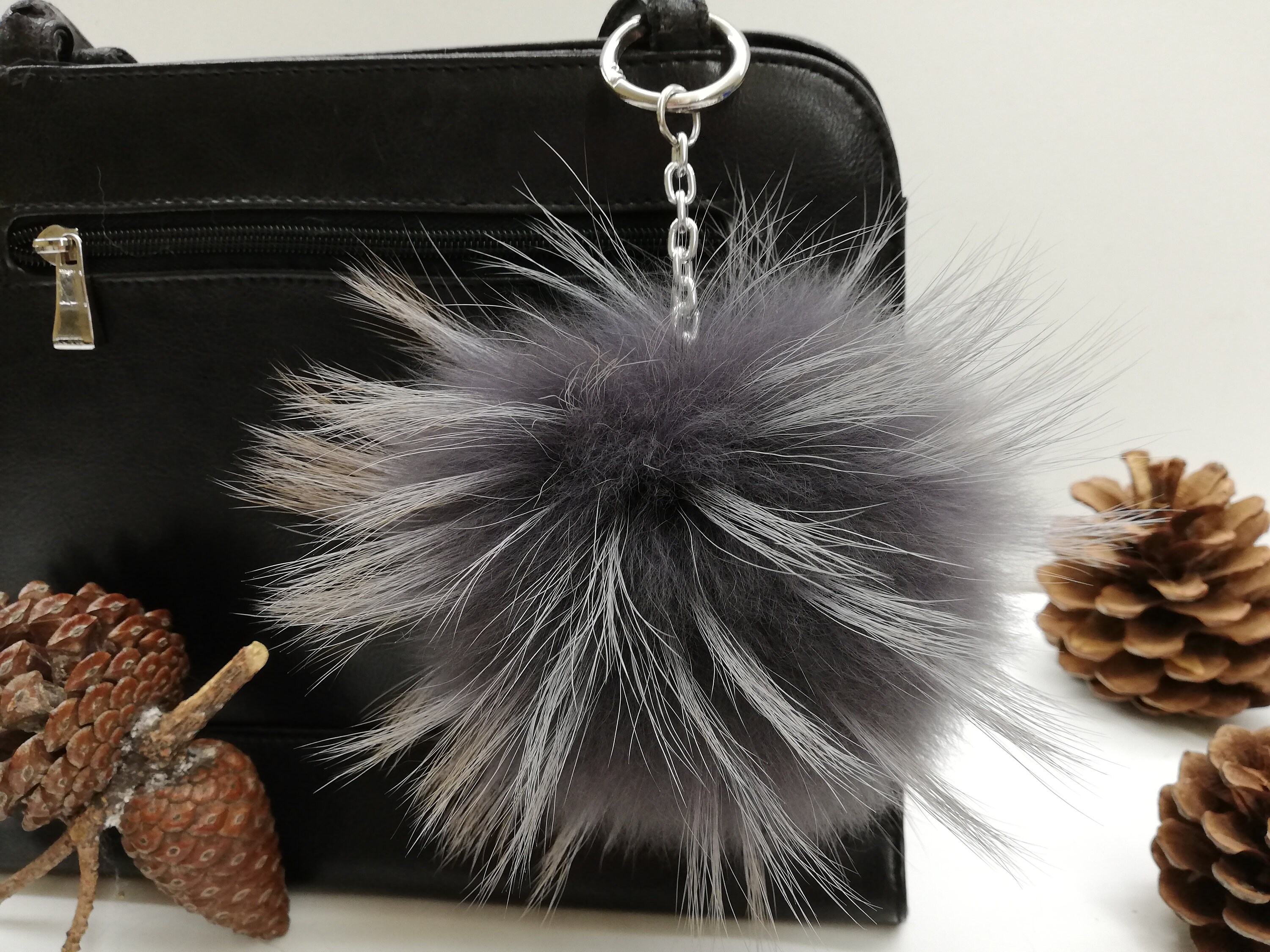 Fox and finnraccoon fur bag charm pompom black-grey color,pom pom keychain , fur ball, real fur bag accessory, Gift for women's and girls