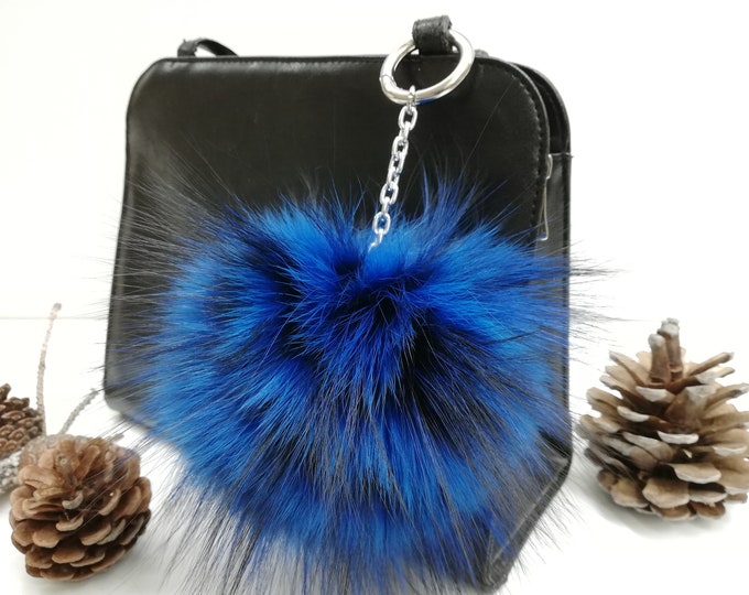 Real fox fur bag charm pom ,fur ball,real fur pom pom,real fox pom, blue color bag charm pom ,pom pom keychain,real fur bag accessory