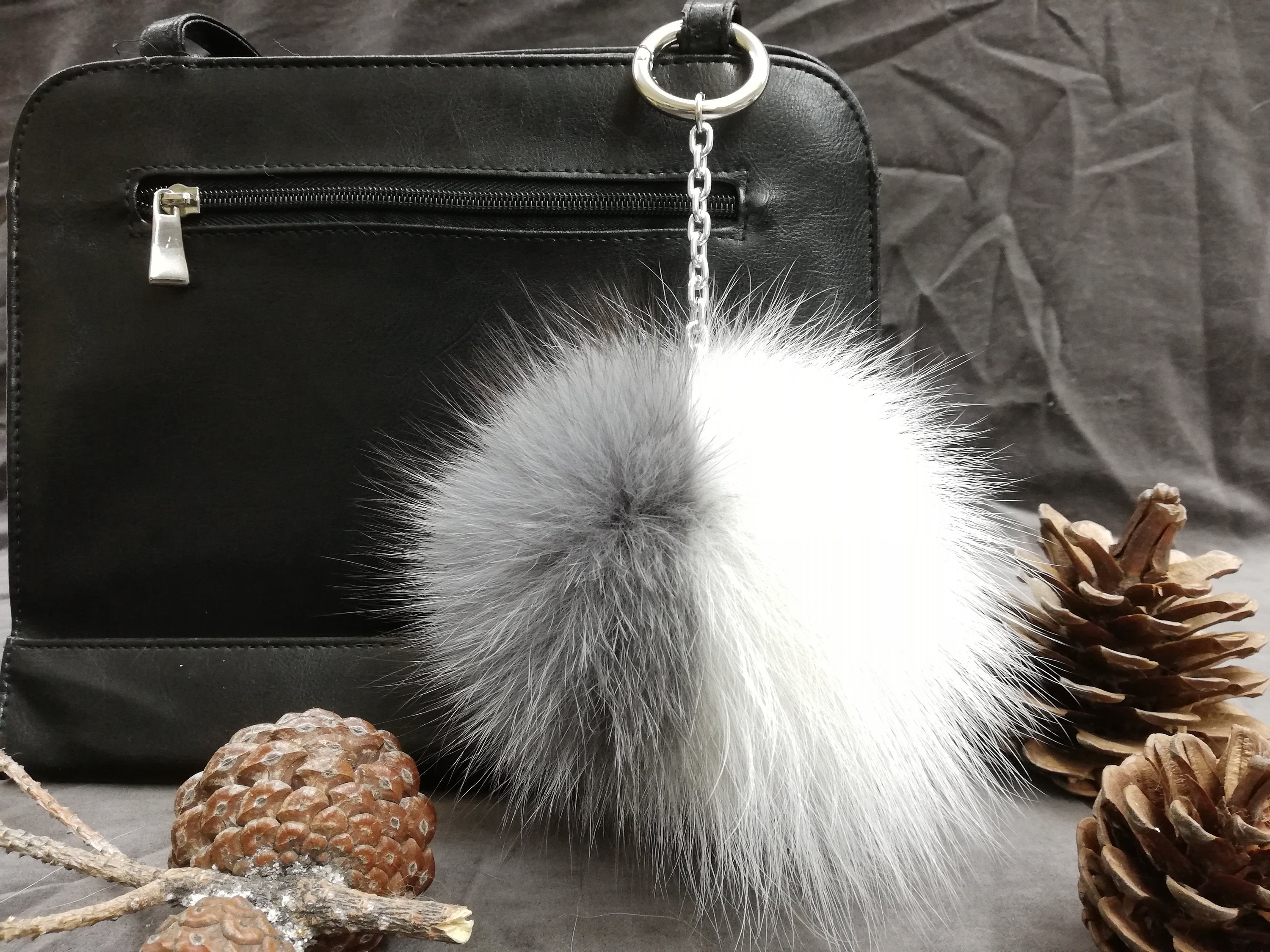 Fox Fur Bag Charm Two Tone Grey & Beige Colorreal Fur 