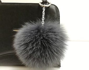 Real fox fur bag pompom grey color dyed , fur ball, real fur pom pom ,real fox pom,pom pom keychain,real fur bag accessory, fox fur ball