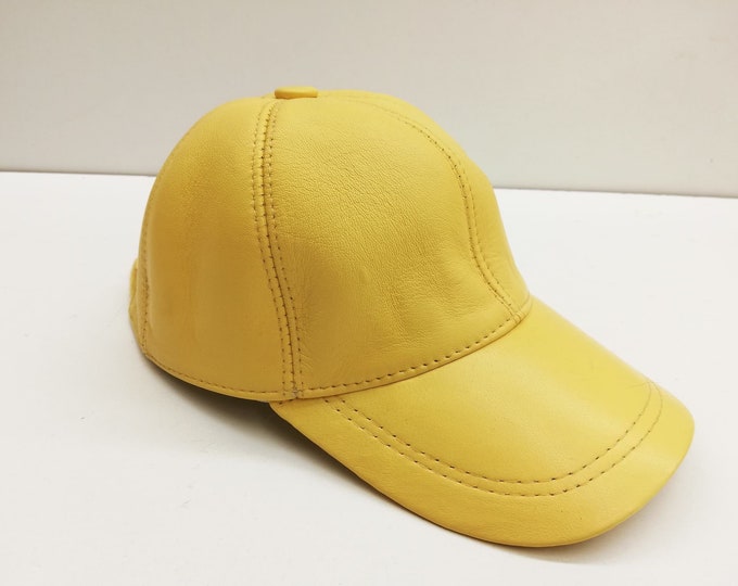 Leather baseball hat yellow color , winter leather jockey, genuie Sheep leather baseball cap, adjustable leather jockey, Nappa leather hat