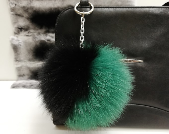 Fox fur bag charm pompom green black color ,fur ball keychain , fur pom pom keyring ,leather bags accessory, Gift for her