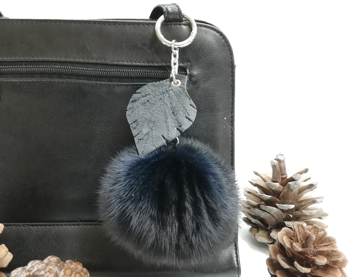 Real mink fur bag charm pompom dark blue color, pompom keychain with leather leaf ,real fur bag accessory, Gift for her