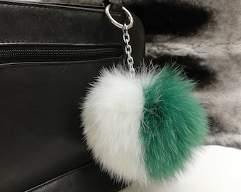 Shadow Fox fur bag charm pompom white - green color ,fur ball keychain , fur pom pom keyring ,leather bags accessory, Gift for her