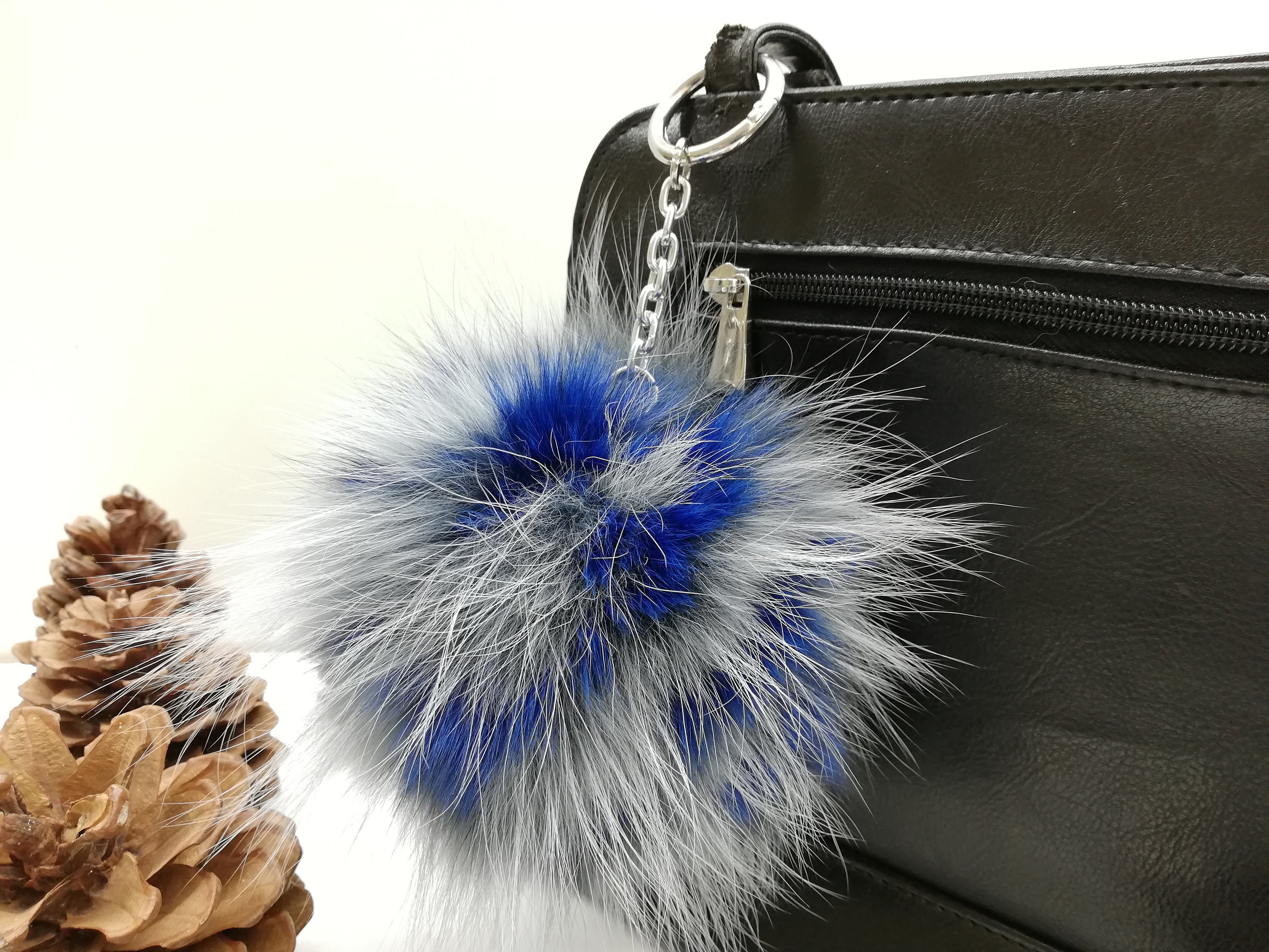 Silver fox fur bag charm grey-blue color, fur ball , real fox pom, bag  charm pom pom,pom pom keychain, real fur bag accessory, gift for her