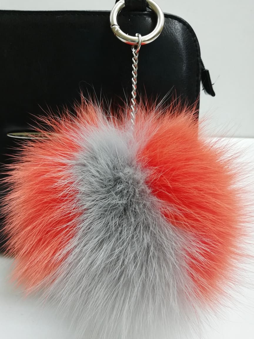 Fox Fur Pompoms Keychains, Real Fur Pompom Key Chain