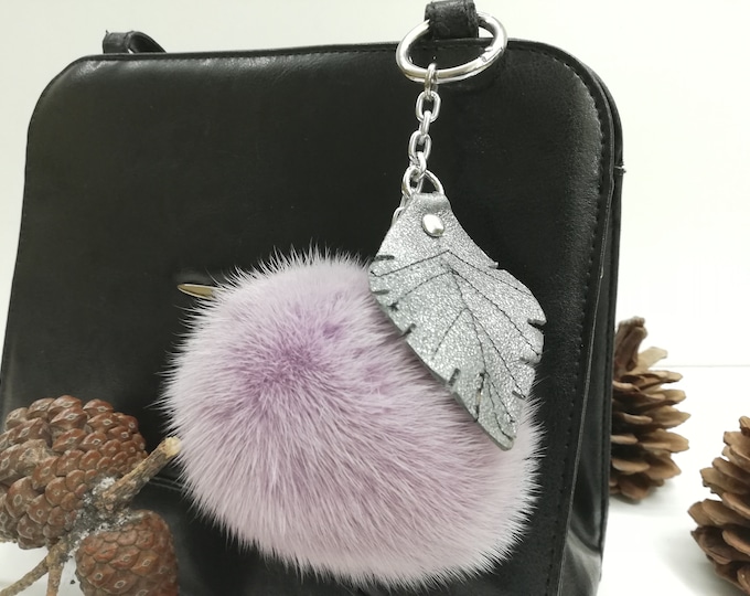 Real mink fur bag charm pompom light - lilac color, pompom keychain with leather leaf ,real fur bag accessory, Gift for women