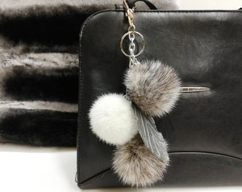 3 mink fur bag charm keychain pompom black cross  - white color with leather leaf, Gift for her, mink fur bag accessory, mink fur keyring