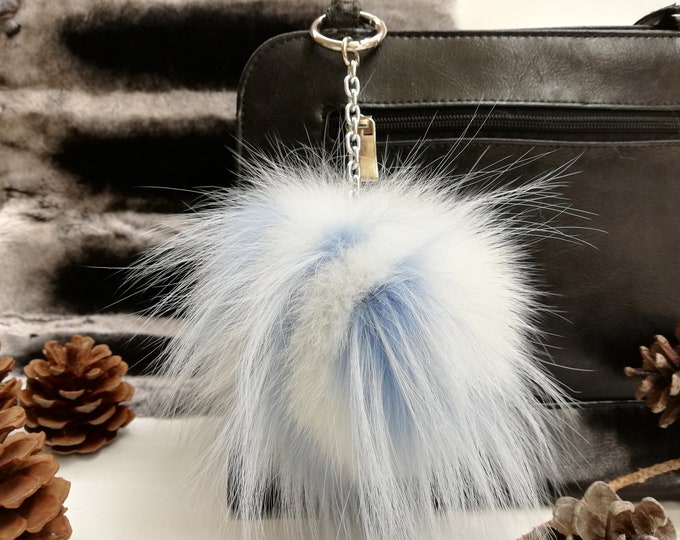 Fox fur bag charm pompom white - blue color ,fur ball keychain , fur pom pom keyring ,fur bag accessory, Gift for women and girls
