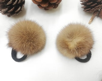 Set of 2 real sable fur scrunchies , fur accessories ,pony tail holder , real fur hair elastics , fur Pompom hairband , Sable for wristband