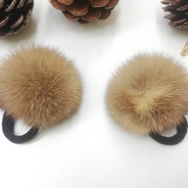 Set of 2 real sable fur scrunchies , fur accessories ,pony tail holder , real fur hair elastics , fur Pompom hairband , Sable for wristband
