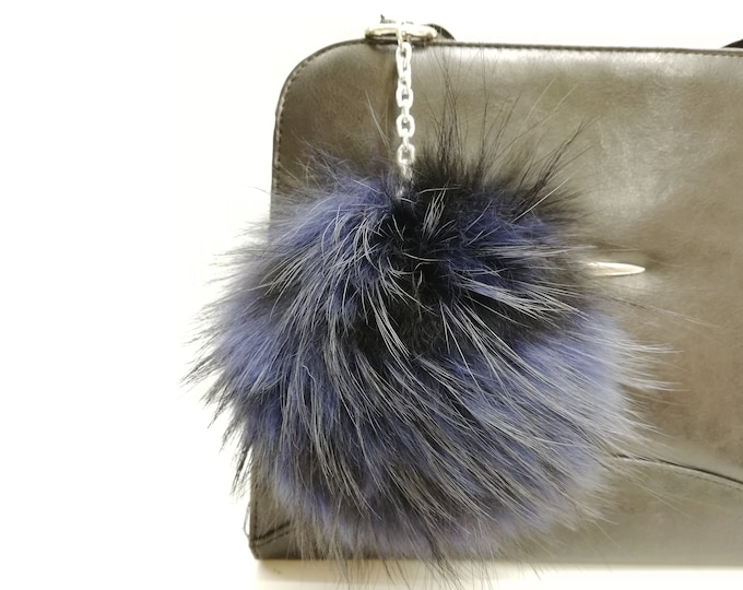 Finnraccoon fur bag charm pompom black - blue color, finnraccoon pom pom keychain,fur bag accessory, fur pompom keyring, Gift for her
