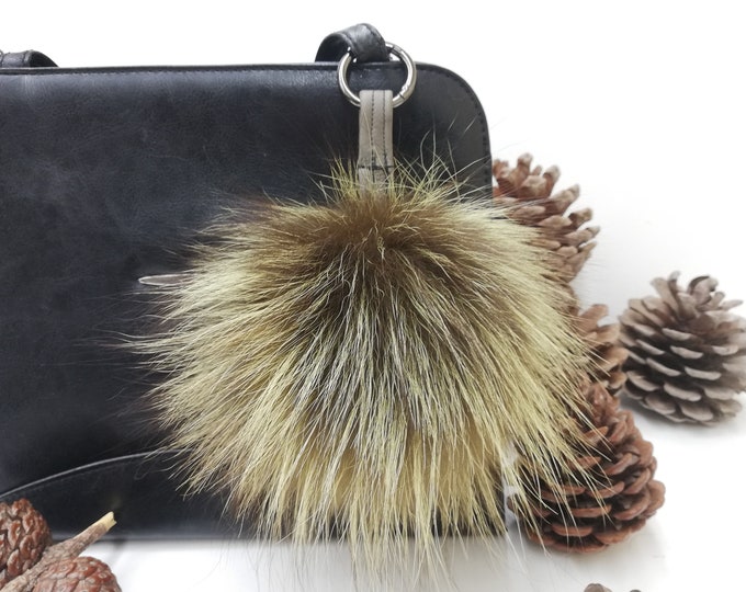 Real silver fox fur bag charm pom pom green color ,fox fur ball ,pom pom keyring ,real fur bag accessory, Gift for women's and girls