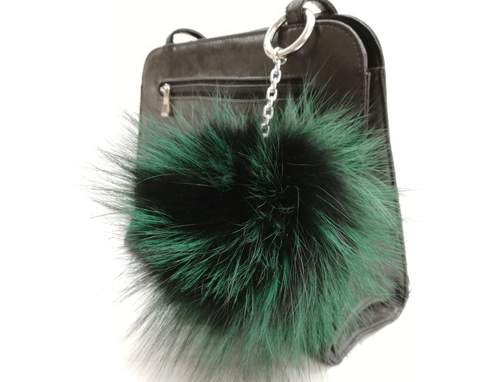 Fox fur bag charm dyed green & black color ,real fur pom pom,real fox pom, bag charm pom pom,pom pom keychain,real fur bag accessory