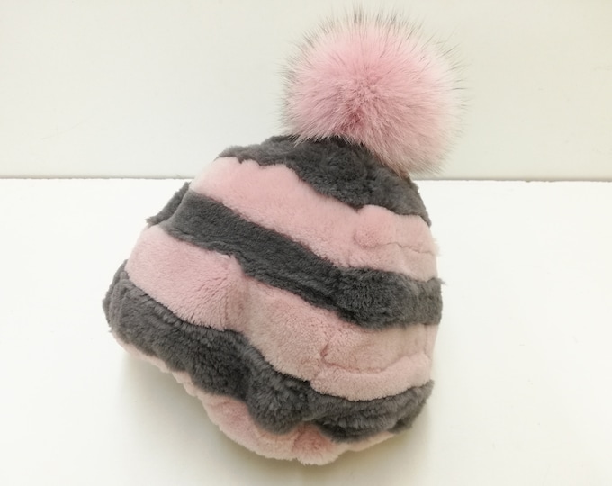 Real sheared velvet nutria patchwork fur beanie ,real fur hat ,real fur beanie grey-pink color with raccoon fur pompom, gift for womens