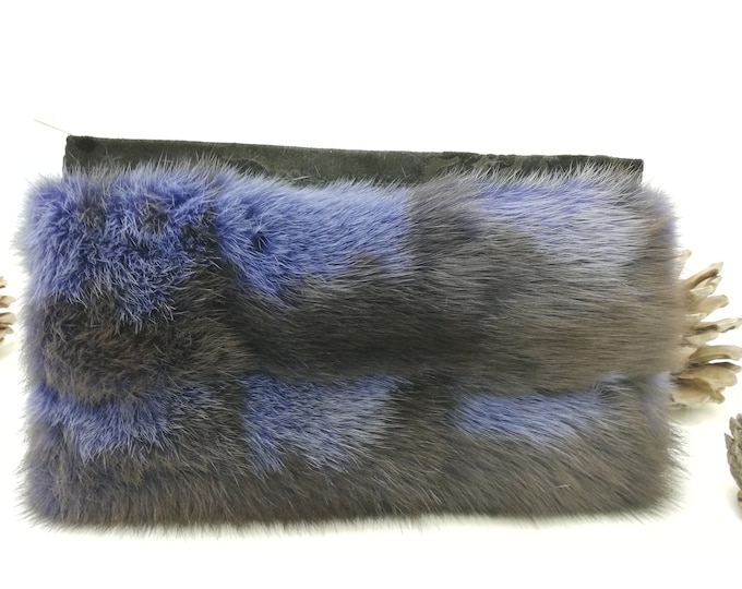 Real sable fur small handbag, patchwork fur purse blue-black color ,small fur wallet, zipped coin pouch, fur zipper pouch, coin purse