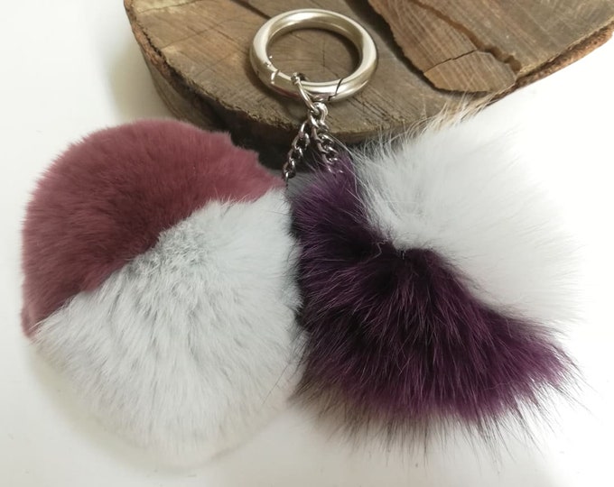 2 pompom fox and rex rabbit fur bag charm , light blue and purple color fur ball, real fur bag accessory, handbag pom pom , fox fur pompom