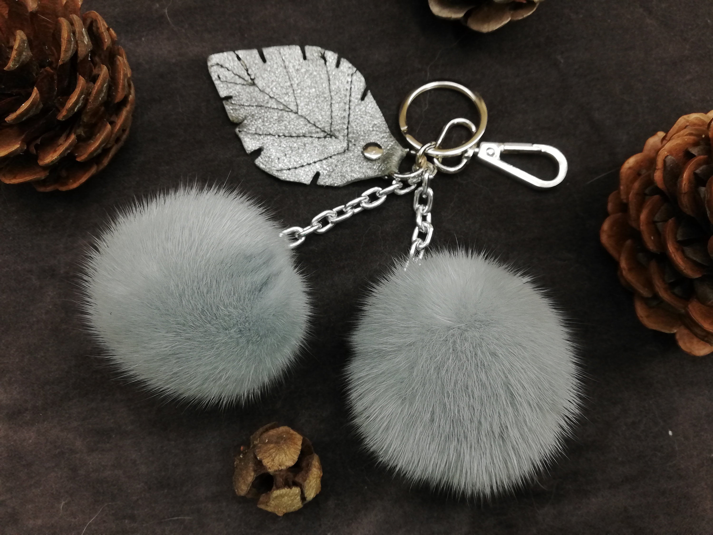 2 Real mink fur bag charm/keychain pompoms greyblue color with leather
