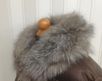 Shadow Frost Fox Fur Hood Triom gray natural color, Genuine Fur Scarf