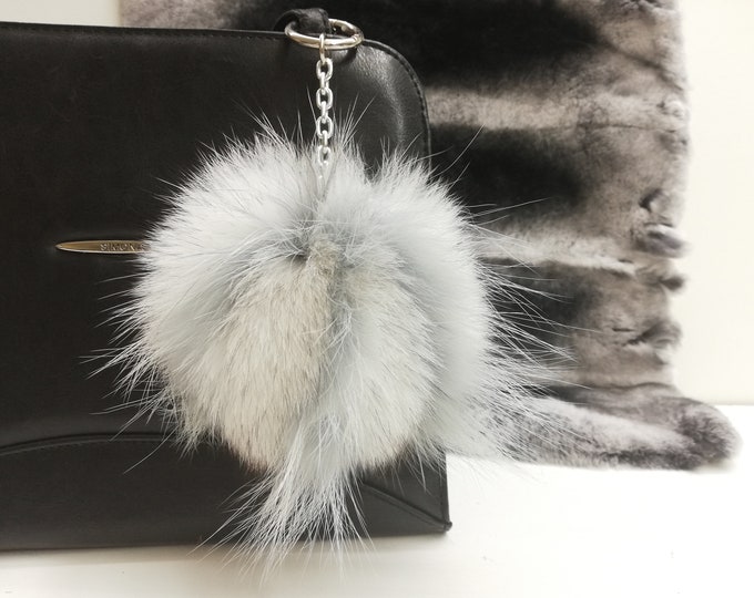 Arctic & silver fox fur bag charm pompom white - blue green color ,fur ball keychain , fur pom pom keyring ,fur bags accessory, Gift for her