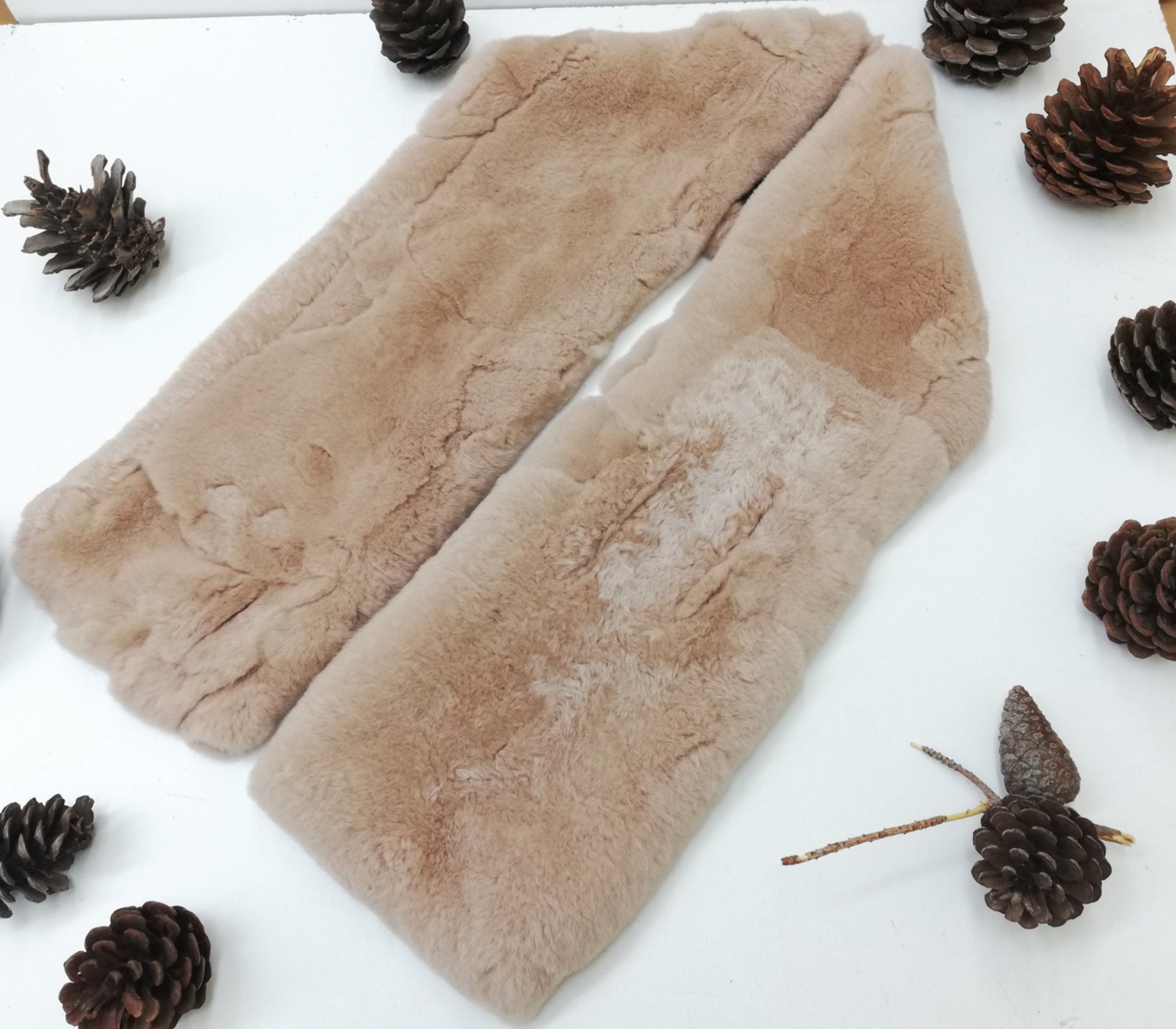 Real rex rabbit fur patchwork scarf beige color, rabbit fur Neck Warmer, rabbit  fur wrap scarf 120 cm long ,gift for her, fur wrap shawl