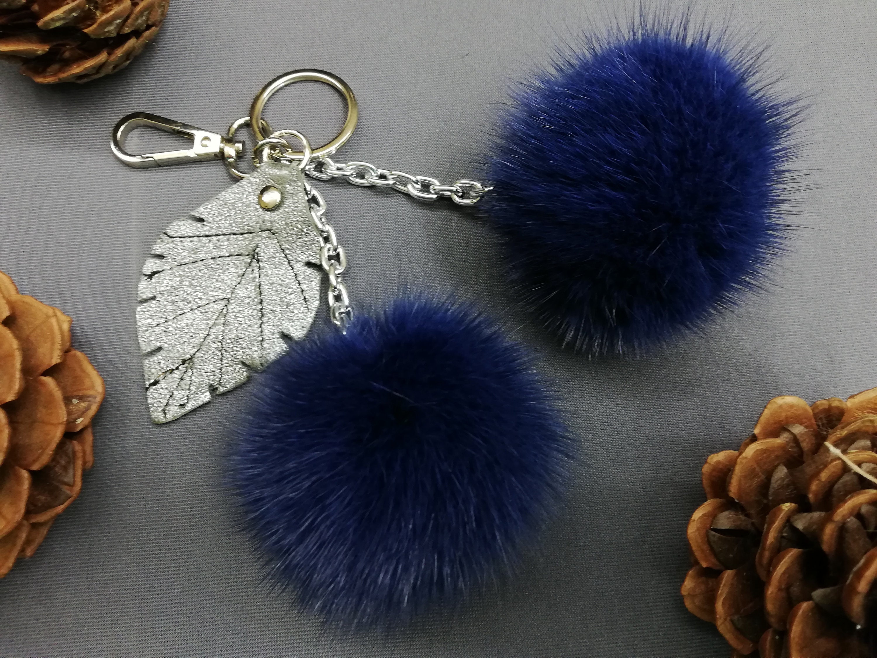 2 Real mink fur bag charm/keychain pompoms blue color with leather