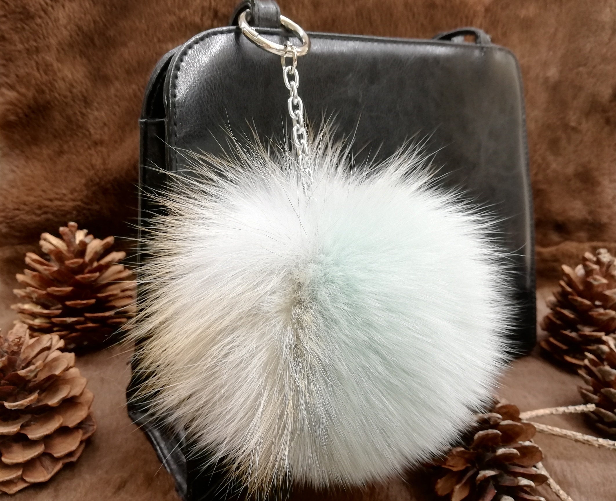 Real Fox Fur Beige Red Color Bag Charm Pom Pom fur 