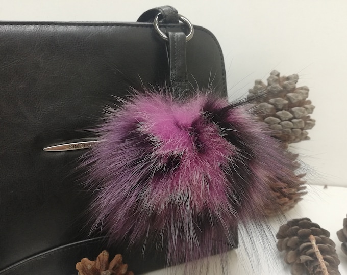 Real fox fur bag charm pom pom bright lilac and wine red color ,fox fur ball ,pom pom keyring ,fur bag accessory, Gift for women's and girls