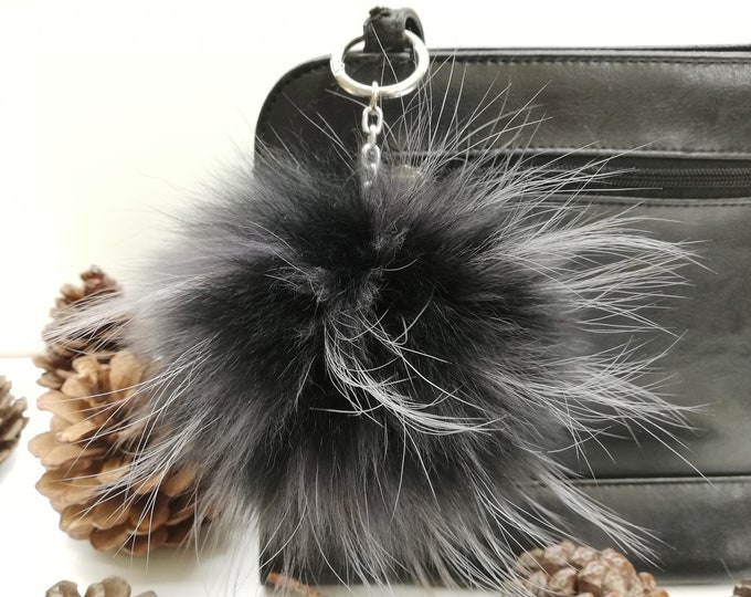 Fox and finnraccoon fur bag charm pompom black-grey color,pom pom keychain ,fur ball, real fur bag accessory, Gift for women's and girls