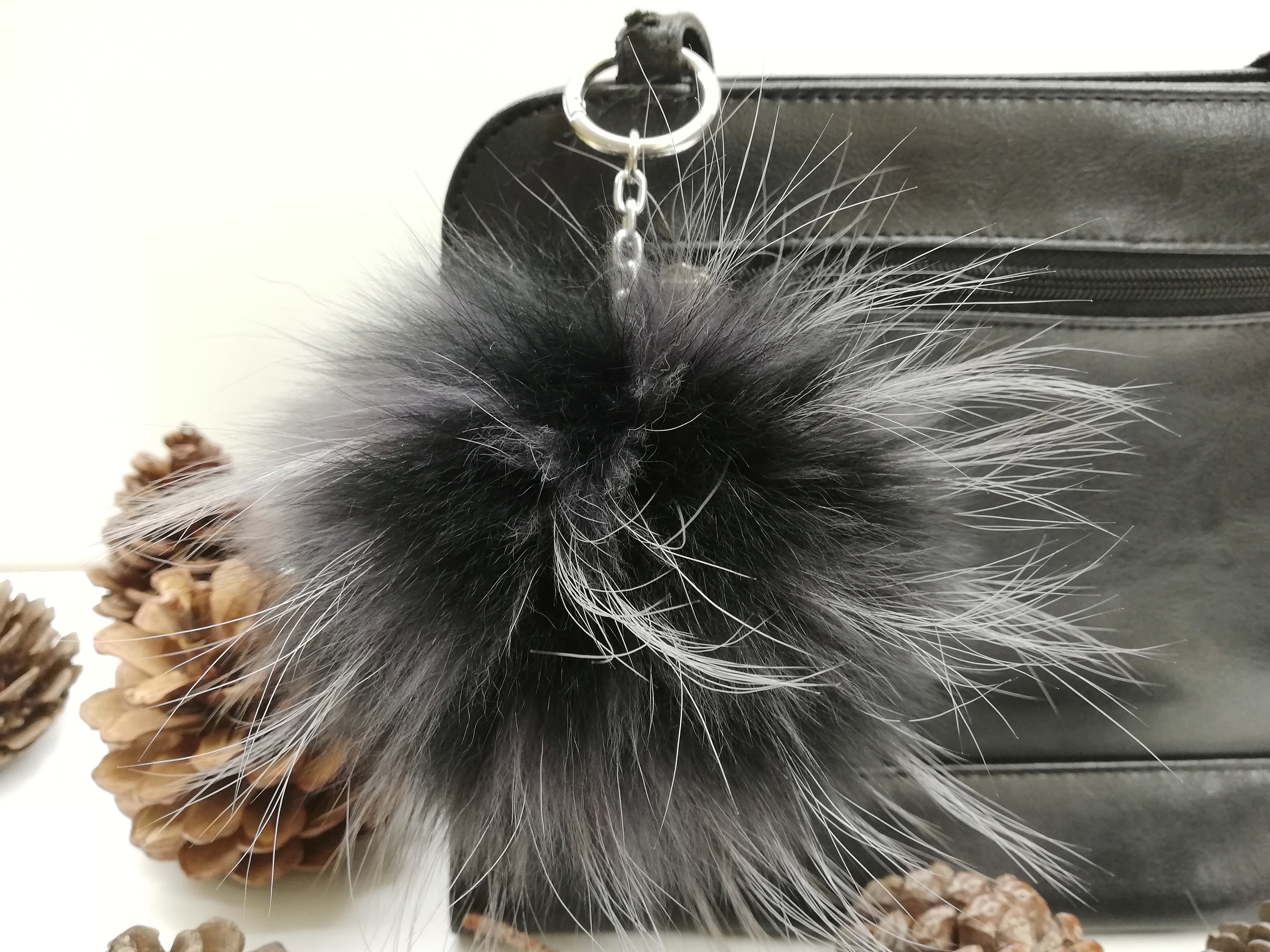 Fox and finnraccoon fur bag charm pompom black-grey color,pom pom keychain , fur ball, real fur bag accessory, Gift for women's and girls