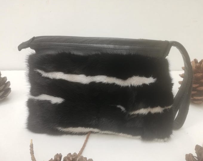Handmade Mink Fur Small Handbag, Leather Strap, Zipped Fur Purse