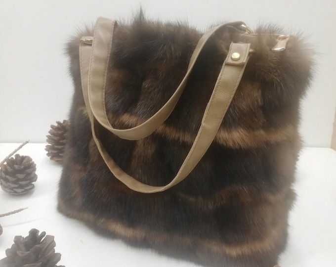 Handmade Sable Fur Shoulder Bag, Brown Leather Straps