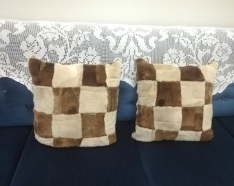 Set of two real beaver fur pillows pieced , multicolor beaver fur sheared cover pillows case , velvet beavers fur cushion, real fur bedding
