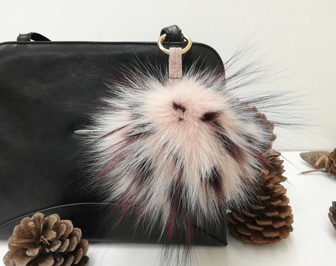 Real fox fur bag charm pompom light pink and wine red color ,fox fur ball ,pom pom keyring ,real fur bag accessory, Gift for her