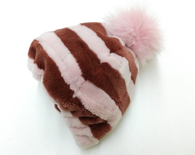 Handmade velvet nutria patchwork fur beanie ,real fur hat ,real fur beanie pink-brown color with real fox fur pompom, gift for women's