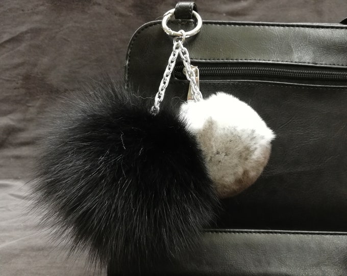 2 pompom real fox and orylag rabbit fur bag charm keychain black & whit silver color , real fur bag accessory, Gift for her