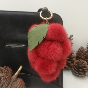 12 real Mink fur bag charm pompoms with leather leaf in bunch of grapes optik, red fur pom poms, bag charm keyring, fur bag accessory image 2