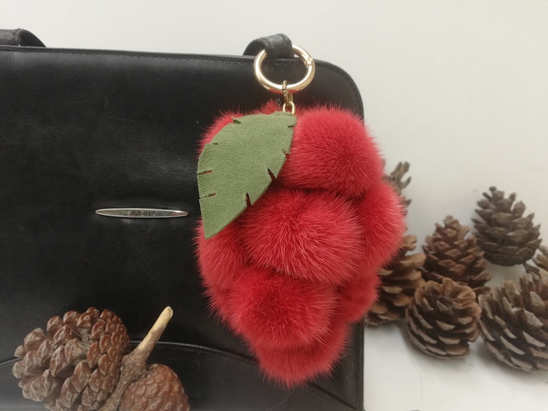 12 real Mink fur bag charm pompoms with leather leaf in bunch of grapes optik, red fur pom poms, bag charm keyring, fur bag accessory image 2