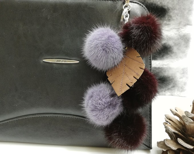 5 Mink fur pompom bag charm Keychain with leather leaf , mink bag charm keyring, real fur bag accessory, Gift for women, Gift for her