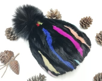 Handmade mink fur beanie ,gift for her , fur hat ,real fur beanie multicolor with fox fur pom pom , fur accessories, fur hat
