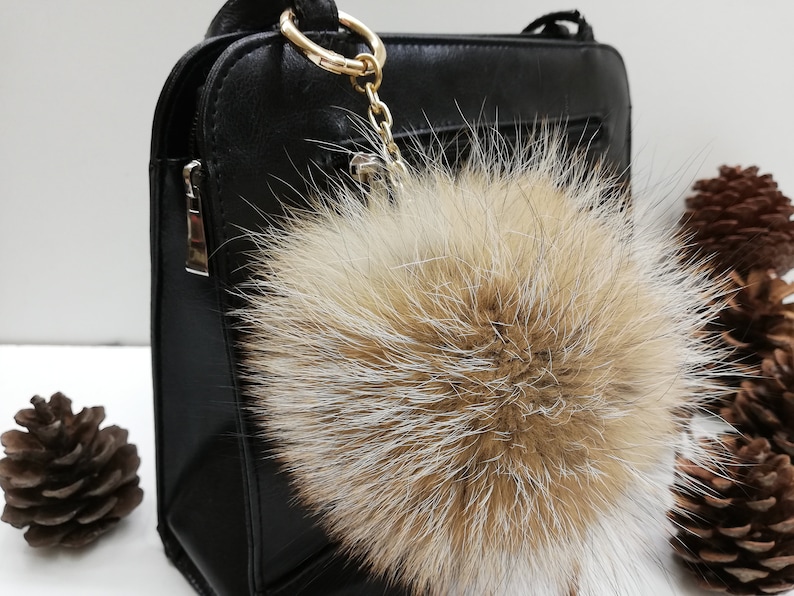 Real fox fur bag charm pom,fur pompom,real fox pom pom pom keychain,real fur bag accessory bright pink and gray color bag charm pom